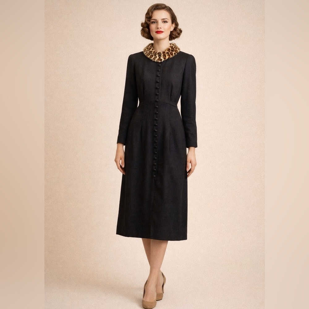 SANTA FE Vintage 80’ fur collar black maxi dress womens size 6